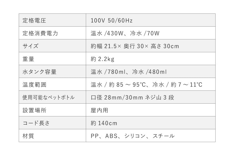 卓上 ウォーターサーバー ペットボトル対応 プッシュ式 温水 冷水 ボトル ロック付き サーバー 給水 冷水器 コンパクト 2L