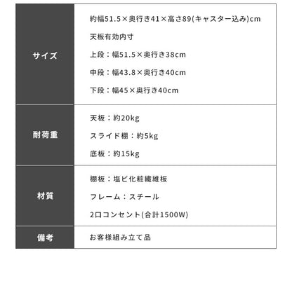 キャスター付きレンジ台 ロータイプ 50幅 3段 コンセント付 スライド棚 ワイヤーメッシュ付 スチール 木目調 ブラック ブラウン ナチュラル おしゃれ 北欧 キッチン収納 家電収納 レンジ台 レンジラック (代引不可)